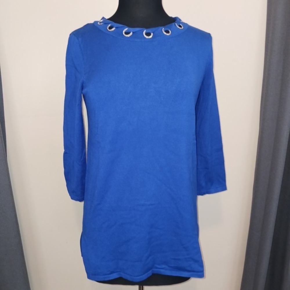 Cable & Gauge Royal Blue Knit‎ Top with Rhinestone Eyelets 3/4 Sleeve   S